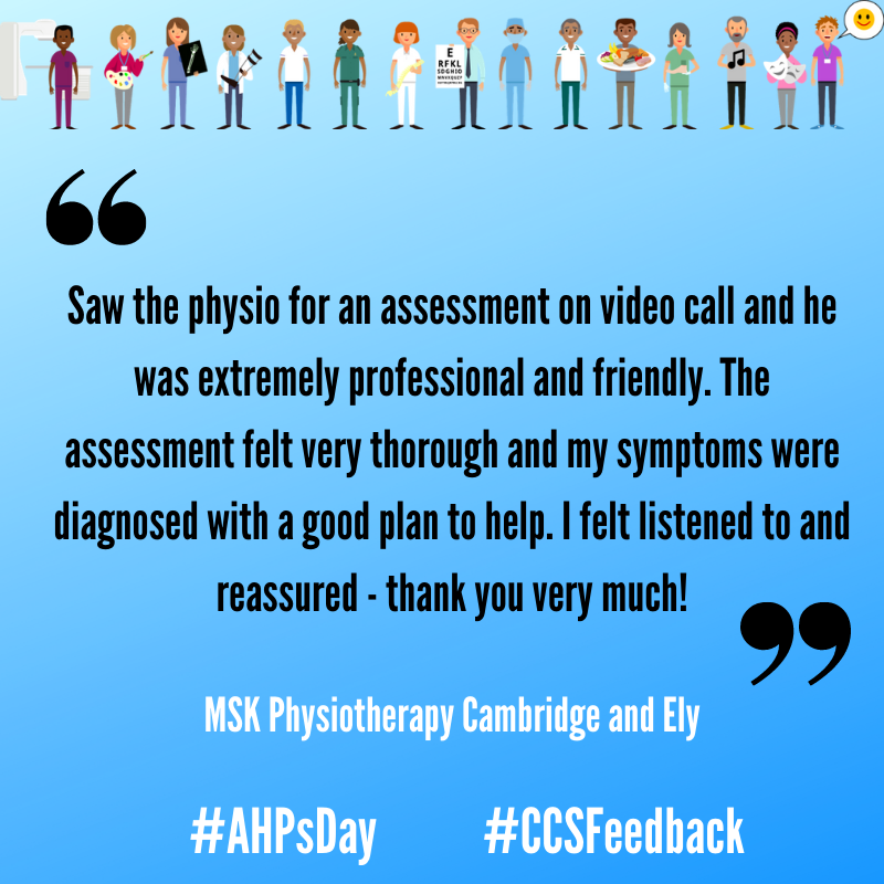 ccs_nhst's tweet photo. 👀Our @CCSMSK team in #Cambridge and #Ely embraced delivering video consultations to help patients be seen. 👏💙👏Well done team! #AHPsDay #CCSFeedback #ThankfulThursday #ThursdayThoughts #NHSHeroes #GoTeamCCS #Physio #CCSAHPsDay https://t.co/EsmPH74f9o