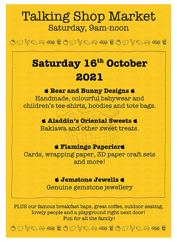 TalkingShopSand's tweet image. Looks who's coming to the market on Saturday! Lots of lovely stalls to enjoy including handmade babywear from Bear &amp;amp; Bunny, baklawa from Aladdin's Oriental Sweets, cards and wrapping paper from Flamingo Paperier and jewellery from Gemstone Jewells.  Drop in from 9am to noon !