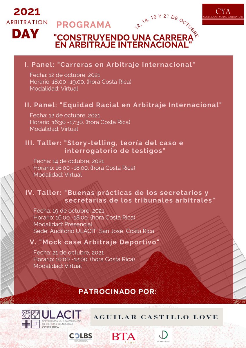 Costa Rican Young Arbitrators is hosting their 2021 Arbitration Day with a series of in-person and virtual panel discussions on October 12, 14, 19, and 21. 

Interested parties may register through this link: lnkd.in/gU_9JF_8

<a href="/CArbitrators/">Costa Rican Young Arbitrators</a>