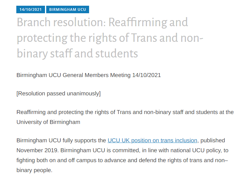 BirminghamUCU's tweet photo. Branch resolution passed unanimously supporting rights of trans &amp; non-binary staff &amp; students following recent events at @SussexUni ✊✊

@UCU @sussexucu @DrJoGrady @Adamtickles @GuildofStudents @UoBLGBTQ @zenscara @bcu_ucu 

https://t.co/iASJxmyc14 https://t.co/h7eusG30Wl