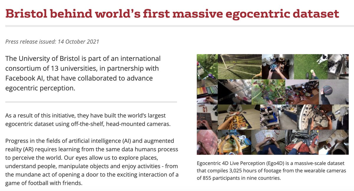 Read about Bristol's part in the #Ego4D project through our press release @BristolUniEng 

bristol.ac.uk/news/2021/octo…

Check Interactive Webpage: ego4d-data.org

Big shoutout to team: Michael Wray, <a href="/will_price_94/">Will Price</a>, <a href="/JonathanMunro8/">Jonathan Munro</a> and <a href="/adrifragomeni/">Adriano Fragomeni</a>