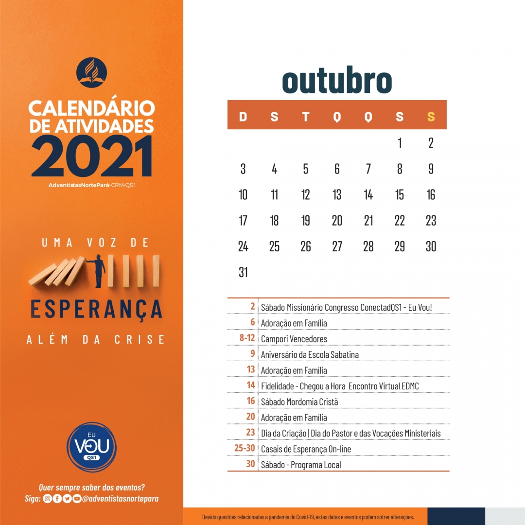 Nossa, o ano já está bem pertinho do fim. Mas, persevere, ainda tem muito a ser feito. Marque alguém para ficar ligado no que vai acontecer. 👇😉

❎Devido questões relacionadas a pandemia do Covid-19, estas datas e eventos podem sofrer alterações.