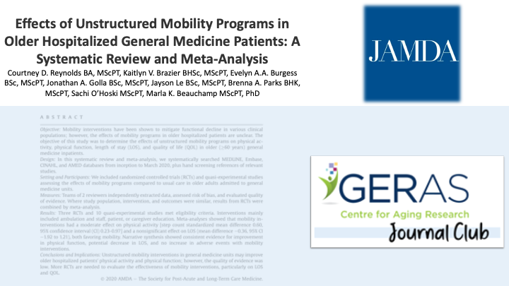 Unstructured #mobility interventions, such as ambulation & bed mobility, may improve older hospitalized patients’ #PhysicalActivity and #PhysicalFunction. #GERASjournalclub

Read: pubmed.ncbi.nlm.nih.gov/33434569/