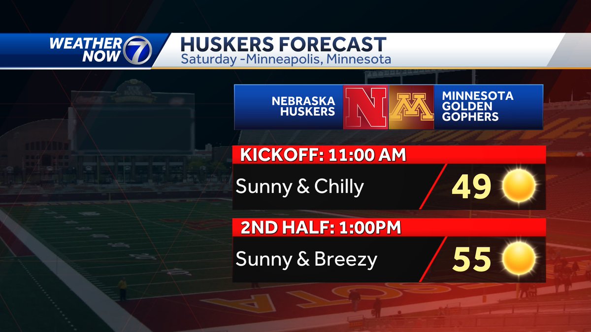 Finally some real fall weather on a football Saturday. @Huskers will have to deal with some chilly temps with an 11 a.m. kickoff at Minnesota. https://t.co/XgCK04H1iw