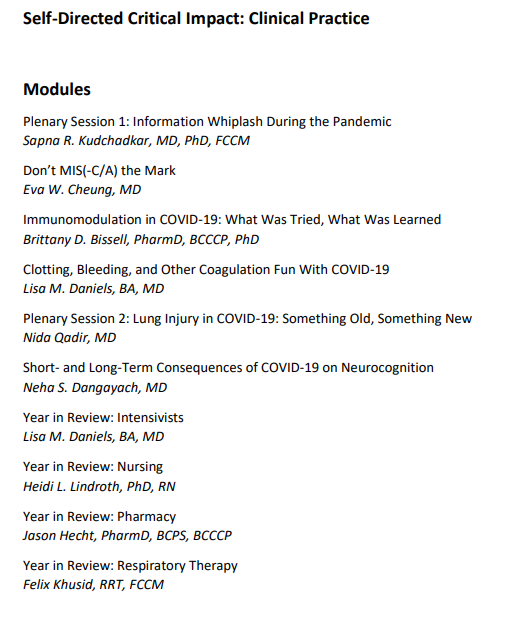 Starting 12 pm EST TODAY!

Join me & these incredible colleagues for LIVE Discussion about hot topics presented in FREE @SCCM #COVID19 Critical Impact Course!

Misinformation, #MISC/A, Immunomodulation, coagulation, #ALI, Neuro, Year in Review & more!

sccm.org/Education-Cent…