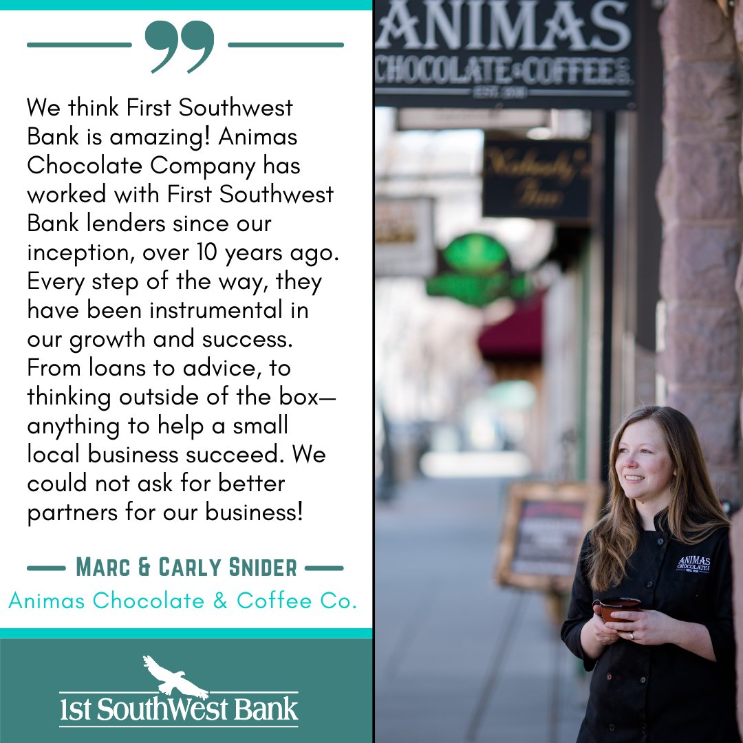 1stSWBank's tweet photo. We love seeing small businesses like Animas Chocolate Company grow, succeed and thrive in the communities we serve. Thanks ACC! 

#CDFI #FDIC #CDBA #Localbank #locallyowned #communitybank #bankingyourvalues #missiondrivenbank  #SWCO #SouthernColorado #animaschocolatecompany https://t.co/VYG3TkBbE2