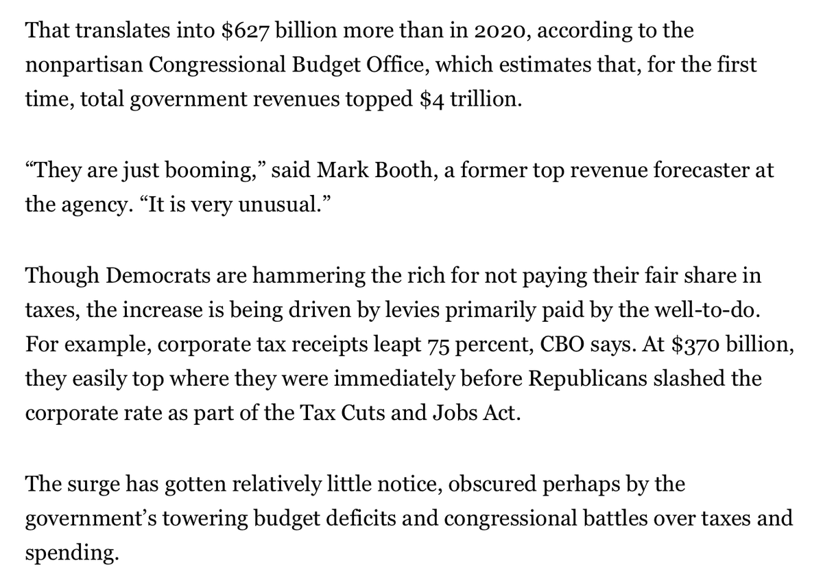 Trump and the GOP cut taxes. Democrats howled. Revenues soared. From <a href="/politico/">POLITICO</a>: 'Revenues jumped 18 percent in the fiscal year that just ended, analysts say--the biggest one-year increase since 1977.' politico.com/news/2021/10/1…