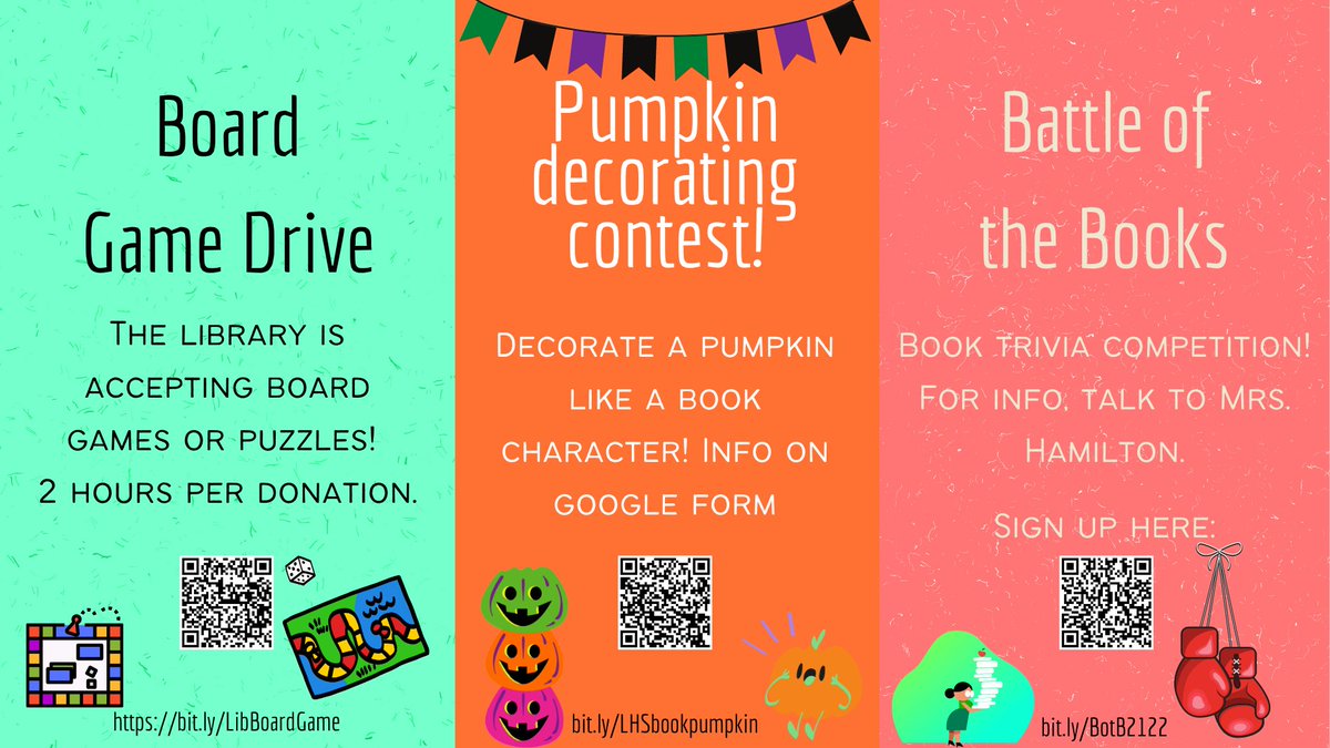 Hamilton_LMS's tweet photo. Check out some of our library events!
@LHSRedhawks @FISD_Libraries @LibertyWingspan #boardgames #pumpkins #battleofthebooks #botb2022 #library #librarylife #redhawksread @canva #halloween2021 #spookymonth https://t.co/8o6z2xJR7X
