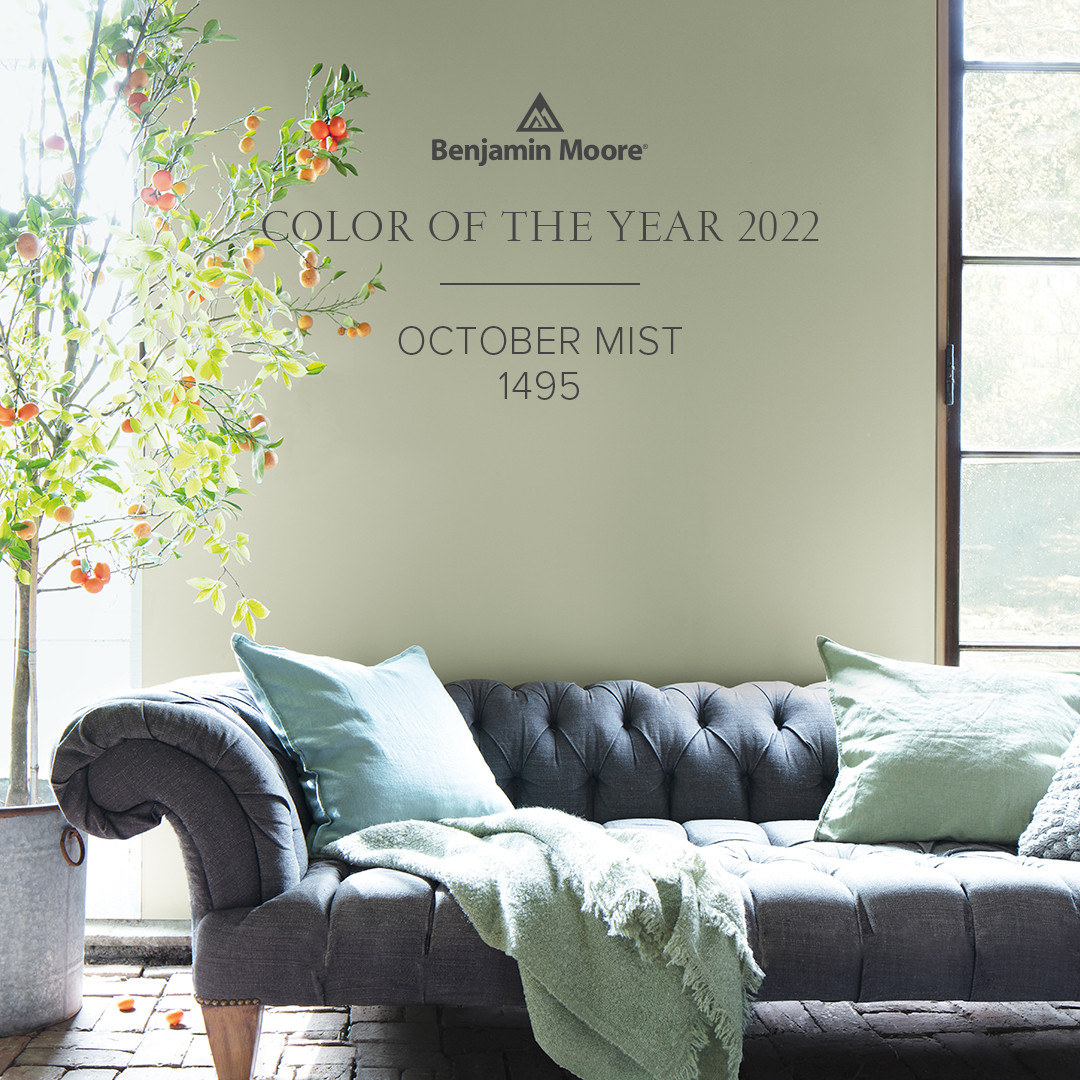 Express your individuality with the #BenjaminMoore #ColorOfTheYear2022, October Mist 1495, a gently shaded sage green that quietly anchors any space, and the coordinating hues of #ColorTrends2022. bit.ly/3lCdbbm