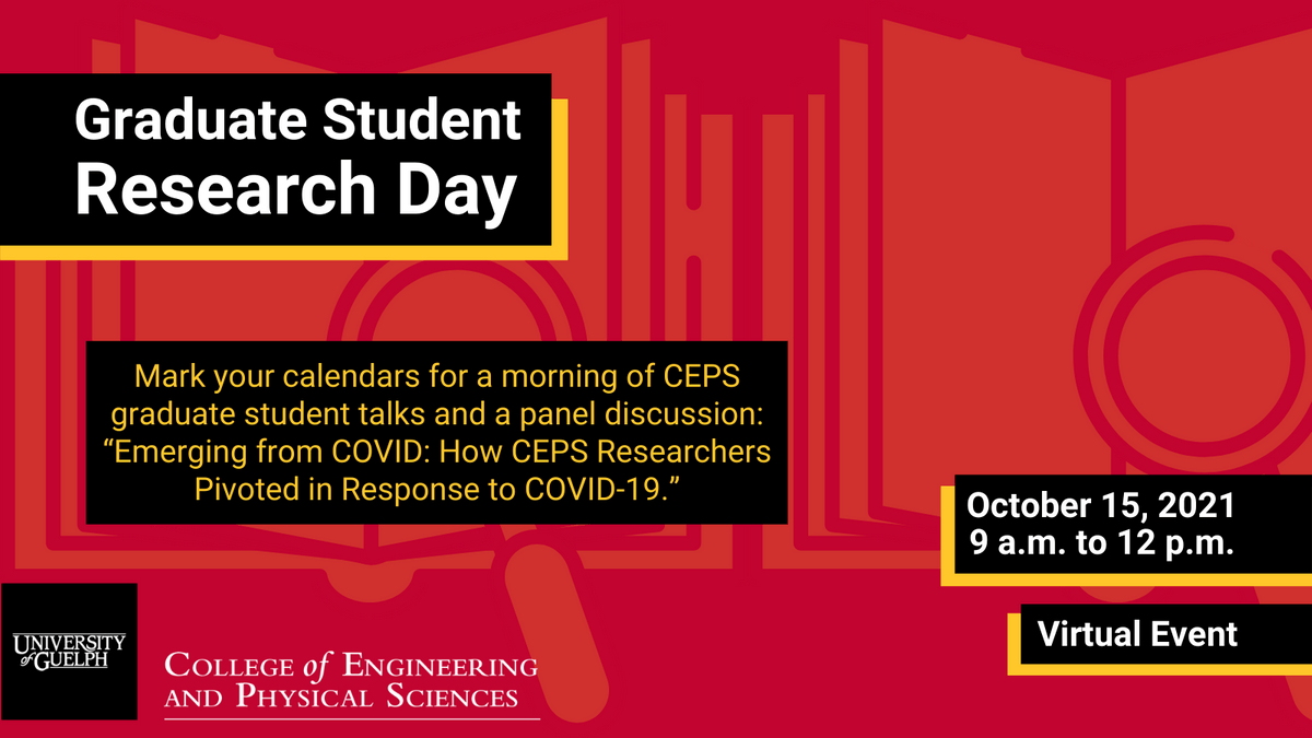 College of Engineering and Physical Sciences (@uofgceps) on Twitter photo Register as an attendee for CEPS Grad Student Research Day so you don't miss out on 3- minute research talks from our grad students.
Register to attend the virtual event: uoguelph.ca/ceps/events/20… <a href="/uofgGradStudies/">UofG Grad & Postdoctoral Studies</a> <a href="/MathStats_UofG/">UofGMathStats</a> <a href="/UofGComputing/">50 Years of UofG Computing</a> <a href="/GuelphEng/">University of Guelph - College of Engineering</a> <a href="/GuelphPhysics/">University of Guelph Department of Physics</a> @uofgc Register as an attendee for CEPS Grad Student Research Day so you don't miss out on 3- minute research talks from our grad students.
Register to attend the virtual event: uoguelph.ca/ceps/events/20… <a href="/uofgGradStudies/">UofG Grad & Postdoctoral Studies</a> <a href="/MathStats_UofG/">UofGMathStats</a> <a href="/UofGComputing/">50 Years of UofG Computing</a> <a href="/GuelphEng/">University of Guelph - College of Engineering</a> <a href="/GuelphPhysics/">University of Guelph Department of Physics</a> @uofgc