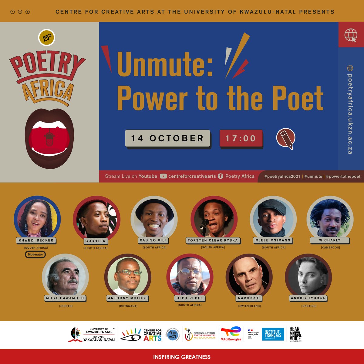 We are going to set the virtual stage ablaze at 5pm #Unmute: #PowertothePoet

Poets: @Gubhela_Gubhela, #MusaHawamdeh, @Xabiso_Vili, #anthonymolosi , @hloxrebel, @socleart, @narcisseslam, @scyborgje, @andrijlyubka, @charly_wassing

#PoetryAfrica2021