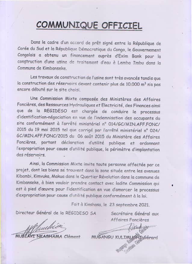 REGIDESO SA (@regidesos) on Twitter photo COMMUNIQUE POUR CEUX QUI HABITE LES ENVIRONS DE LEMBA-IMBU, NON LION DE L'USINE EN CONSTRUCTION COMMUNIQUE POUR CEUX QUI HABITE LES ENVIRONS DE LEMBA-IMBU, NON LION DE L'USINE EN CONSTRUCTION