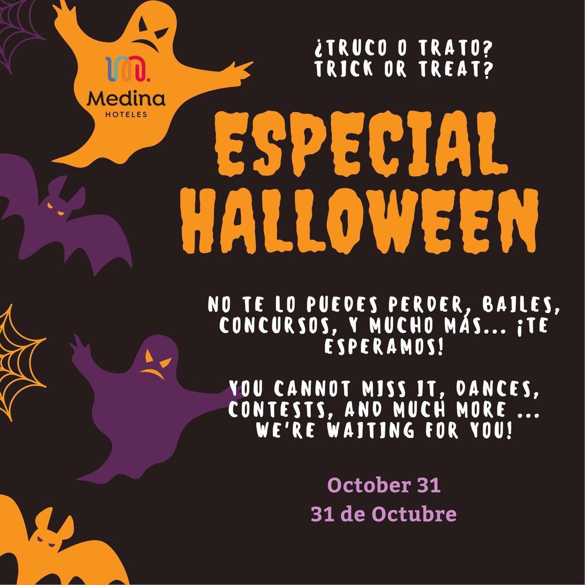 Ya está todo listo para Halloween. La noche del 31 de Octubre, será terrorífica. No te lo pierdas y ven a disfrutar con nosotros. ¡Nos vemos pronto! 🦇

We have everything ready for Halloween. The night of October 31, will be terrifying. Come enjoy with us. See you soon!  🦇