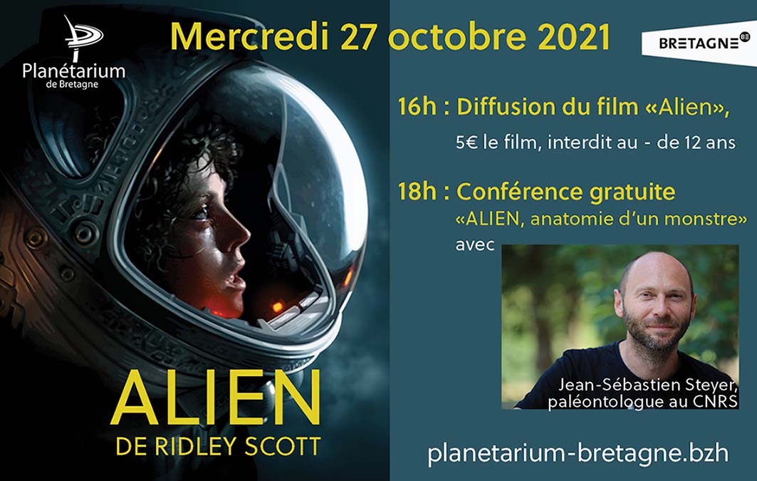 planetarium_bzh's tweet photo. [ÉVÈNEMENT]

Mercredi 27 octobre, 
Alien, décryptage 👽😱
Poursuivant nos rencontres sur le thème sciences et sciences-fiction, diffusion du film Alien suivi d'une conférence "Alien, anatomie d'un monstre" avec Jean-Sébastien Steyer, paléontologue au CNRS.
Réservez votre date ! https://t.co/IMbkzI7iLN