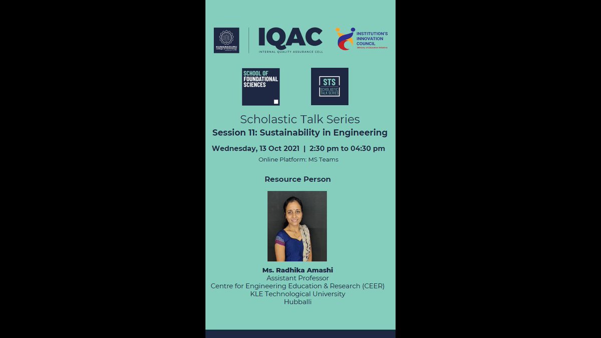 KCTOfficial's tweet photo. Ms. Radhika Amashi, Assistant Professor, Centre of Engineering Education Research at #KLETechUniversity, Hubballi delivered a session on “Sustainability in #Engineering” under the aegis of Scholastic Talk Series on 13 Oct 2021 which was well-received by the II year PBL learners. https://t.co/JpMvWyWauO
