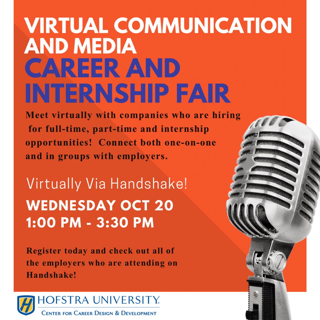 The Fall 2021 fairs are still in full swing! Join us for the last fair of the semester, the Virtual Communication and Media Career and Internship Fair! Happening next Wednesday, October 20th, 1pm-3:30pm! See you there!!