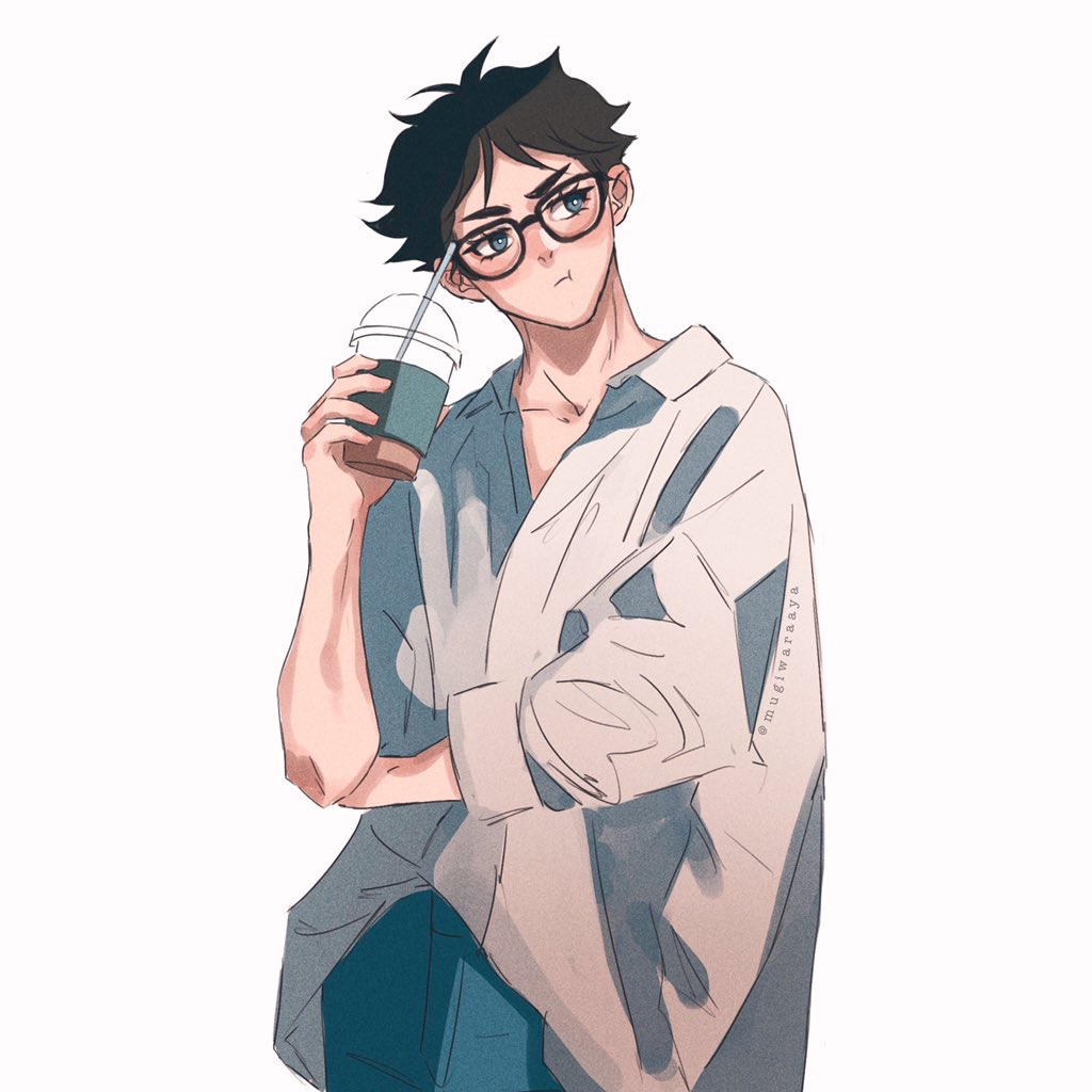 solo 1boy male focus glasses cup black hair holding cup  illustration images