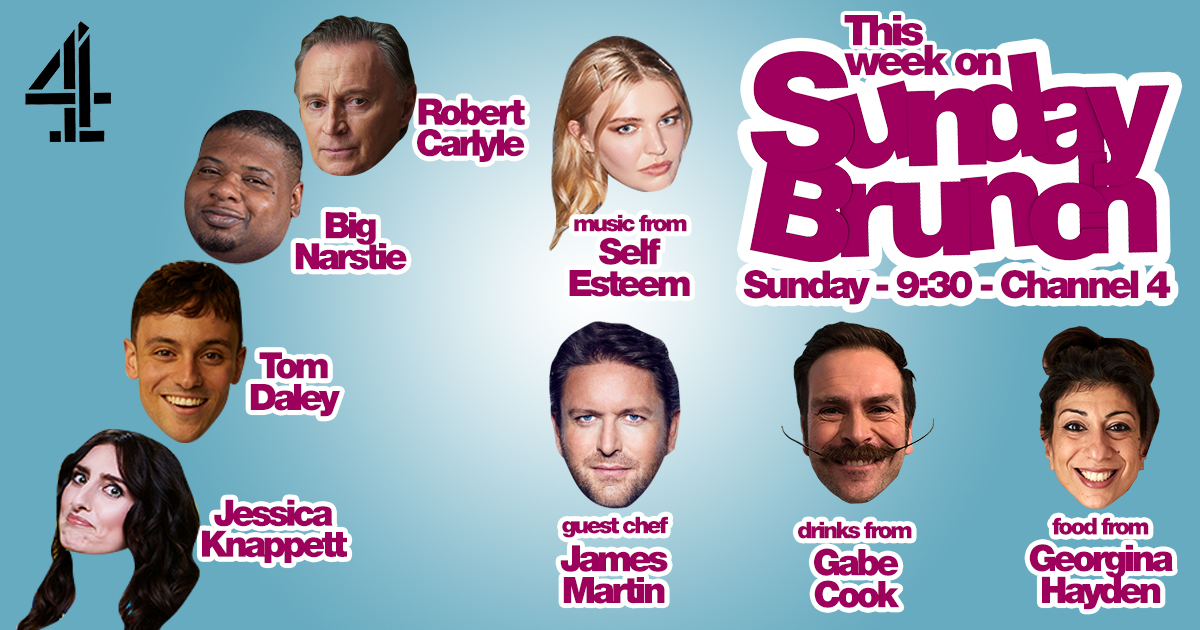 This week on #SundayBrunch! 📺 @robertcarlyle_, @bignarstie, @TomDaley1994 & @jessicaknappett are joining us! ❤️ With food from #GeorginaHayden, cider from @theciderologist & GUEST CHEF @jamesmartinchef! 👨‍🍳 PLUS LIVE MUSIC from the amazing @SELFESTEEM___ 🤩 We can't wait 😁