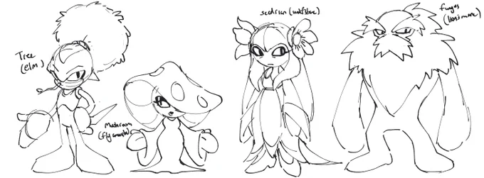 Sonic based plants and fungi sketches. Seedrians are already a thing but I made my own types called Woodrians and Mycelians. 