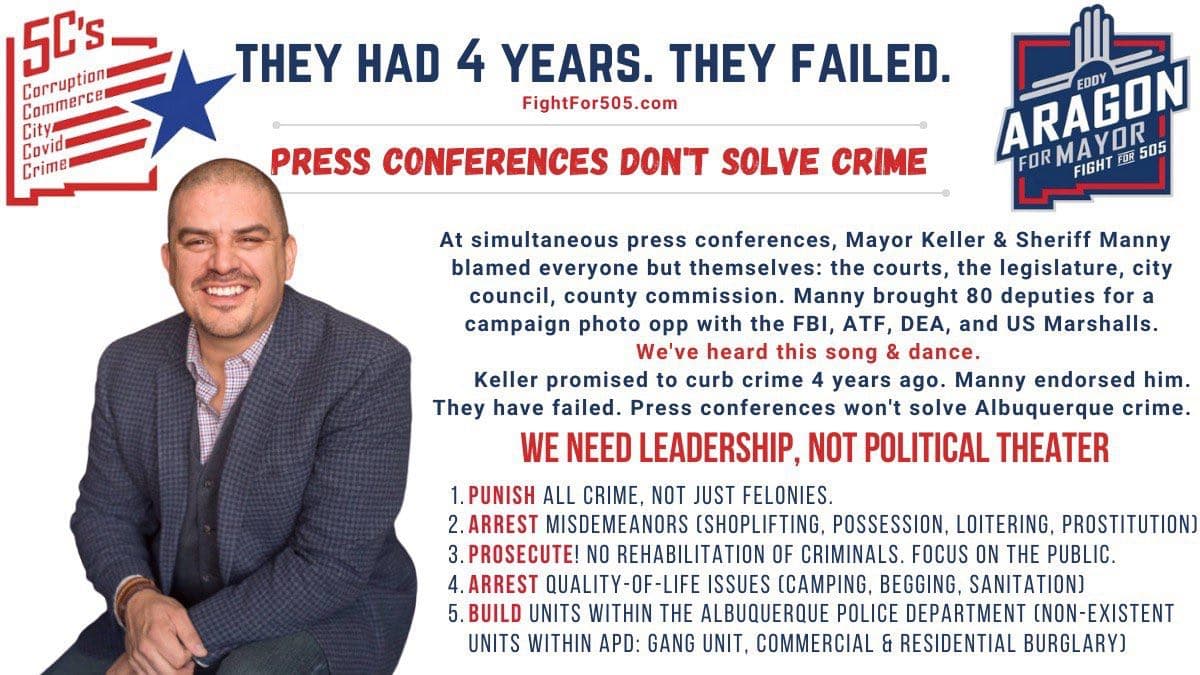 Eddy4abq's tweet photo. Well, technically @MannyForABQ had almost 8 years...
Enough nonsense, let's #VoteRED get #RealCrimeStoppers and #MakeABQSafeAgain

Vote #EddyAragon4ABQMayor at the polls! 

Check out my FULL campaign platform 👉 https://t.co/m1GEJql454 https://t.co/mmx71ygnMk