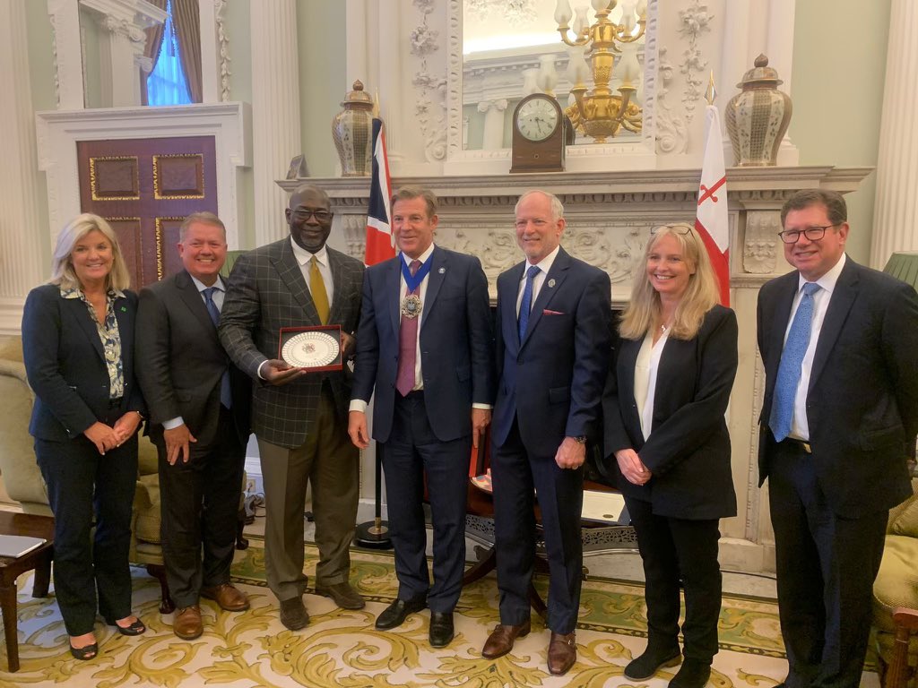 JAXChamber's tweet photo. Presenting Lord Mayor of the City of London William Russell with the Union Flag that flew over City Hall along with a resolution from the Jacksonville City Council. https://t.co/3xOMfENKcn