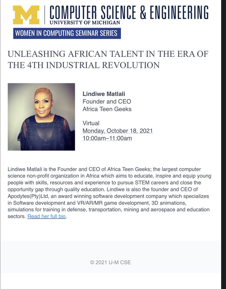 Our CE <a href="/LindiweMatlali/">Lindiwe Matlali</a> will be engaging with <a href="/UMichCSE/">Computer Science and Engineering at Michigan</a> students and faculty on Monday. Join us at <a href="/UMich/">University of Michigan</a> #womenincomputing series. #Womenintech #girlswhocode #girlsintech #girlgeek #africateengeeks