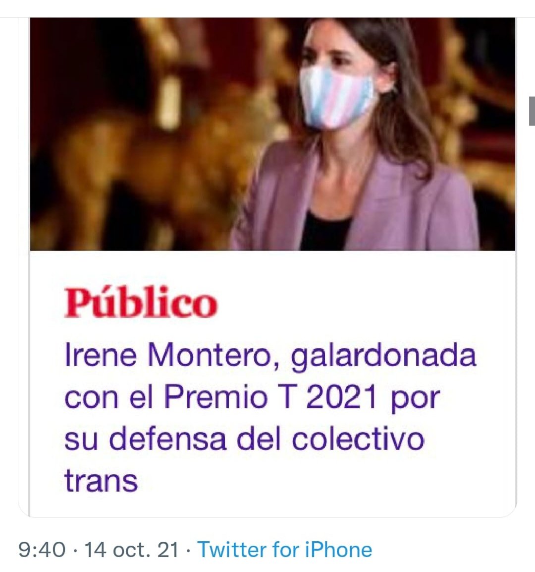 nurygglez's tweet photo. A la sra. de Iglesias oficial le han dado el premio T.
T de Tía, ¿cuando te vas y dejas de hacer daño a las mujeres ? Irene, nosotras no tenemos la culpa de lo tuyo, al menos no todas. De hecho, te apoyaríamos si no te dedicaras 24/7 a jorobarnos la vida. Pero...
#PremioT https://t.co/KxDW3XgD0d