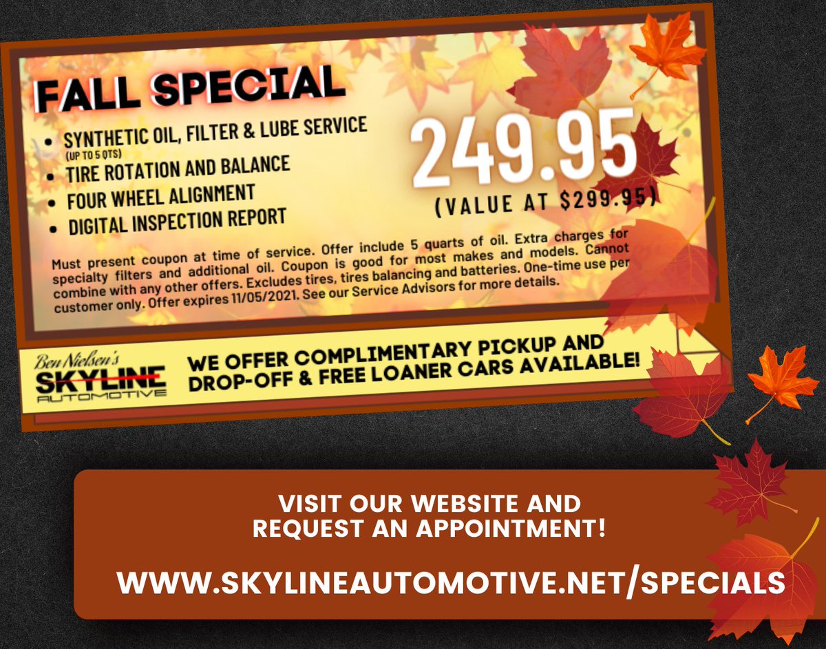 Check out our Fall Special on our website at skylineautomotive.net/specials/
Request an appointment directly on our website and take advantage of our special offer!
#skylineautomotive #fallschurchva #autorepair #autorepairva #bestautorepairva #bennielsen #auto #repair #mechanic