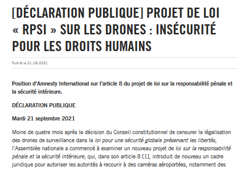 asimpere's tweet photo. #Surveillance : hier, la commission des lois @Senat a examiné le PJL qui réintroduit les #drones de surveillance (art. 8 du #PJLResponsabilitépénale). Un article vivement critiqué par @amnestyfrance ou @Defenseurdroits. 
Qu’ont fait les sénateurs ? Thread ⤵️ https://t.co/loKVUfdXs1