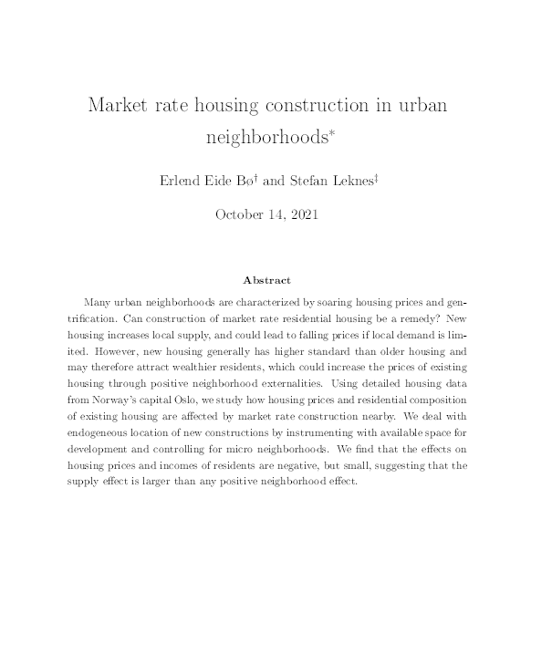 Just about to present my paper "Market rate housing construction in urban neighborhoods" (with Stefan Leknes) at #UrbanEcon2021