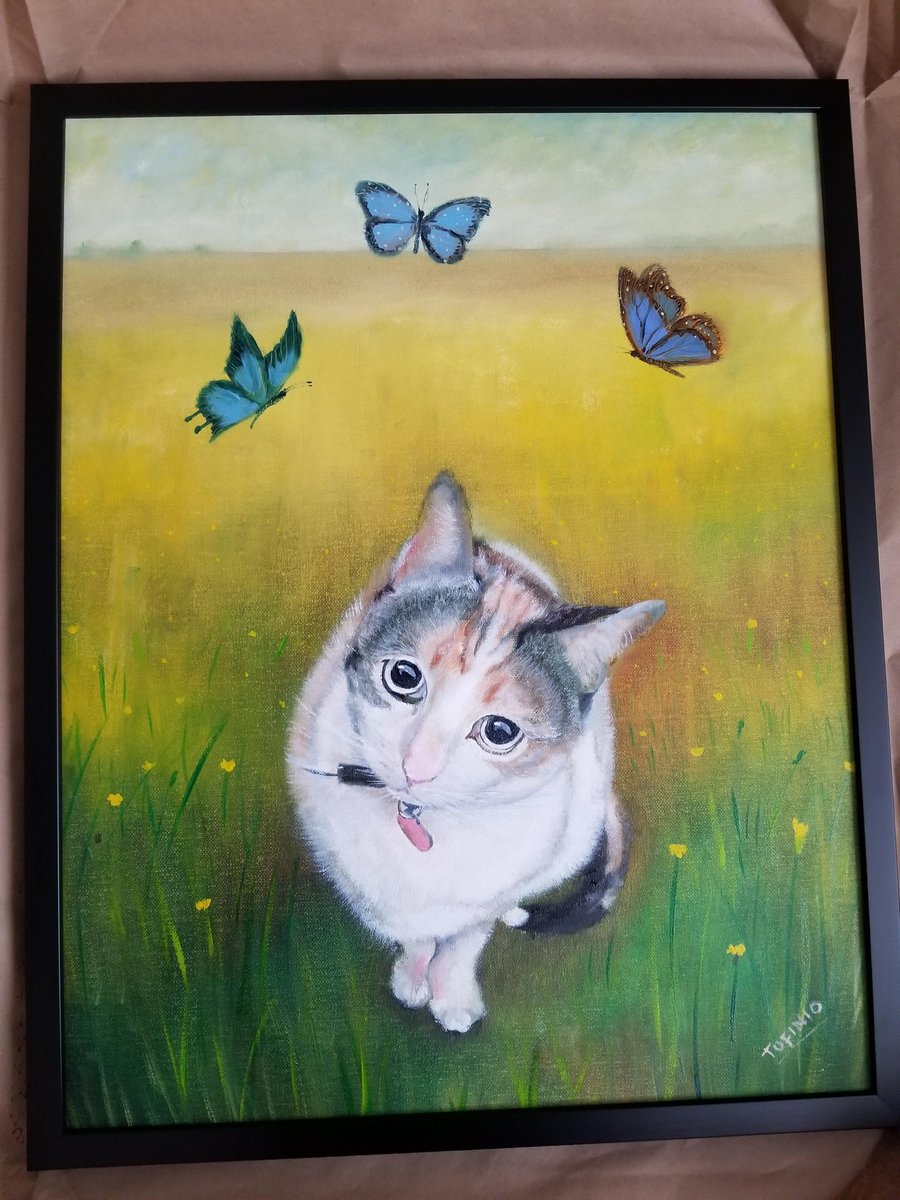 Another amazing painting by <a href="/TufinioArt/">TufinioArt</a>!

His attention to detail is stunning and his ability to bring visions to life is incredible.

I commissioned an oil painting of my partner's favourite photo of her cat with a new summer background as a gift and the result was beautiful!