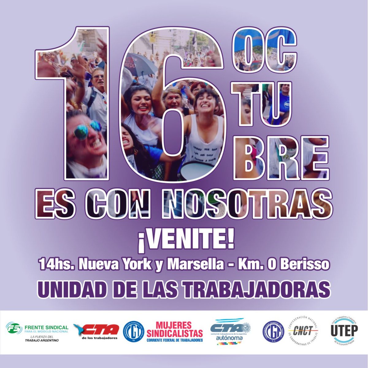 La <a href="/CTAok/">CTA-T</a> convoca este sábado al acto de unidad de todas las Centrales sindicales.
#UnidadDeLasTrabajadoras 

‼️Libres Organizadas y Desendeudadas nos queremos ✌️

💜Venite este #16Oct 🕛14 hs.
📍km 0 en Berisso.

#EsConNosotras 

📲 Subí tu foto/vídeo a las redes!