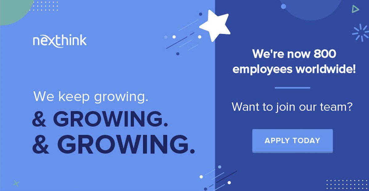 .<a href="/NexthinkNews/">Nexthink</a> keeps growing! We’re celebrating and quickly surpassed the 800 employees milestone. Check out our careers page for new job postings added weekly. #Hiring #Nexthinkers nexthink.com/company/career…