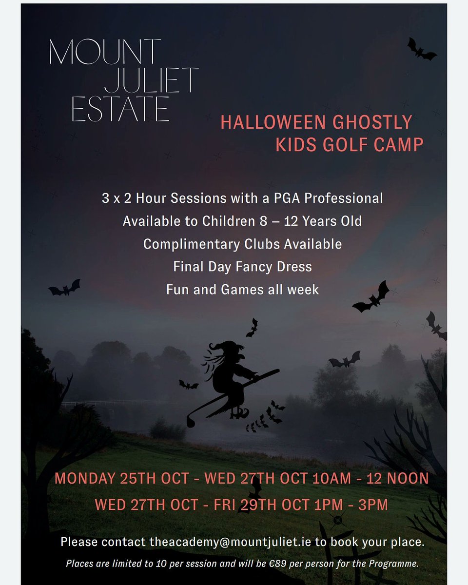 Our Halloween Ghostly Kids Golf Camp has just a few remaining spaces available book now for the little ones chance to get started by emailing theacademy@mountjuliet.ie #JuniorGolf #Halloween #KidsClub #KidsGolf #MountJulietEstate