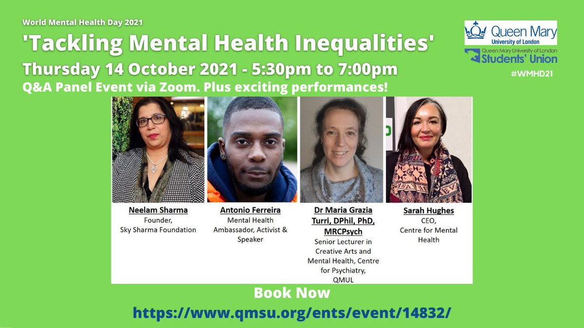 🗓️TODAY! Less than 2 hrs away! Don't miss out - hear from our amazing #mentalhealth advocates discussing #inequalities. Book now: qmsu.org/ents/event/148… 
@Antothenio @ArunKapur333 @SkySharma_SSF @QMULPsychiatry @CentreforMH @_Sarah_Hughes_ @ishafoundation @AvantiPethe #WMHD2021