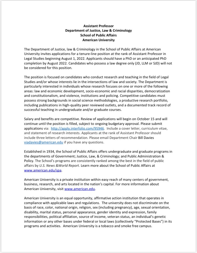 talisajcarter's tweet photo. We're hiring for an Assistant Professor in Legal Studies. Call below. Check it out. Ask me questions. :-) https://t.co/N2KXUn5G14