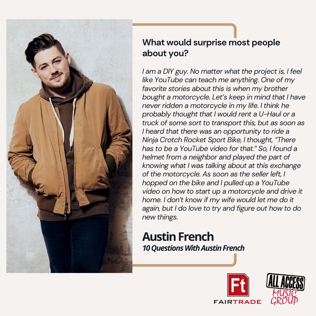 Fair Trade Radio (@fairtraderadio) on Twitter photo We bet you didn't know some of these things about <a href="/AustinFrench316/">AustinFrench</a>! Check out "10 Questions With Austin French" on <a href="/AllAccess/">access all</a>: bit.ly/3FLUZnK We bet you didn't know some of these things about <a href="/AustinFrench316/">AustinFrench</a>! Check out "10 Questions With Austin French" on <a href="/AllAccess/">access all</a>: bit.ly/3FLUZnK