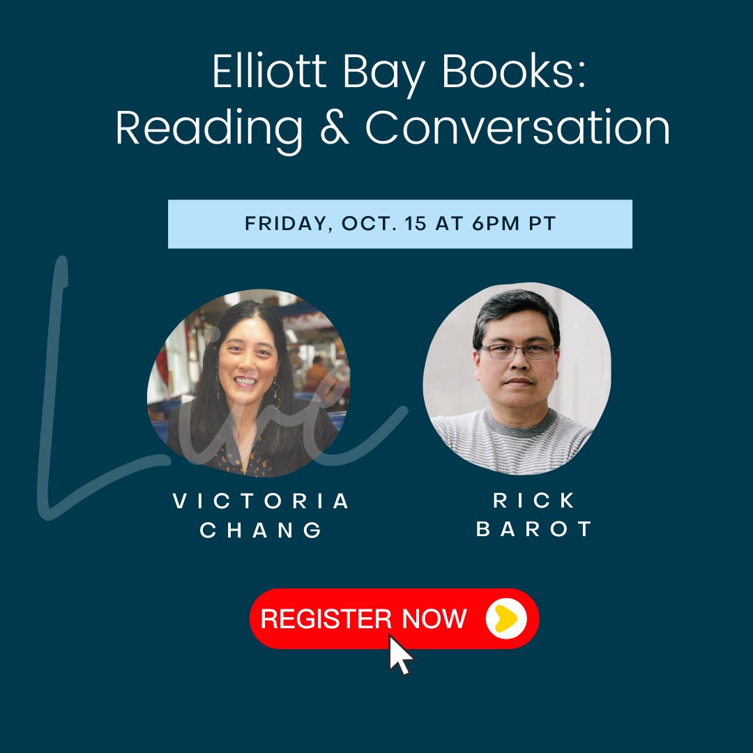 Tomorrow at <a href="/ElliottBayBooks/">Elliott Bay Book Co.</a> with <a href="/BarotRick/">Rick Barot</a> Friday, 10/15 at 6pm PT, virtual reading &amp; convo. Register here: eventbrite.com/e/poet-victori…