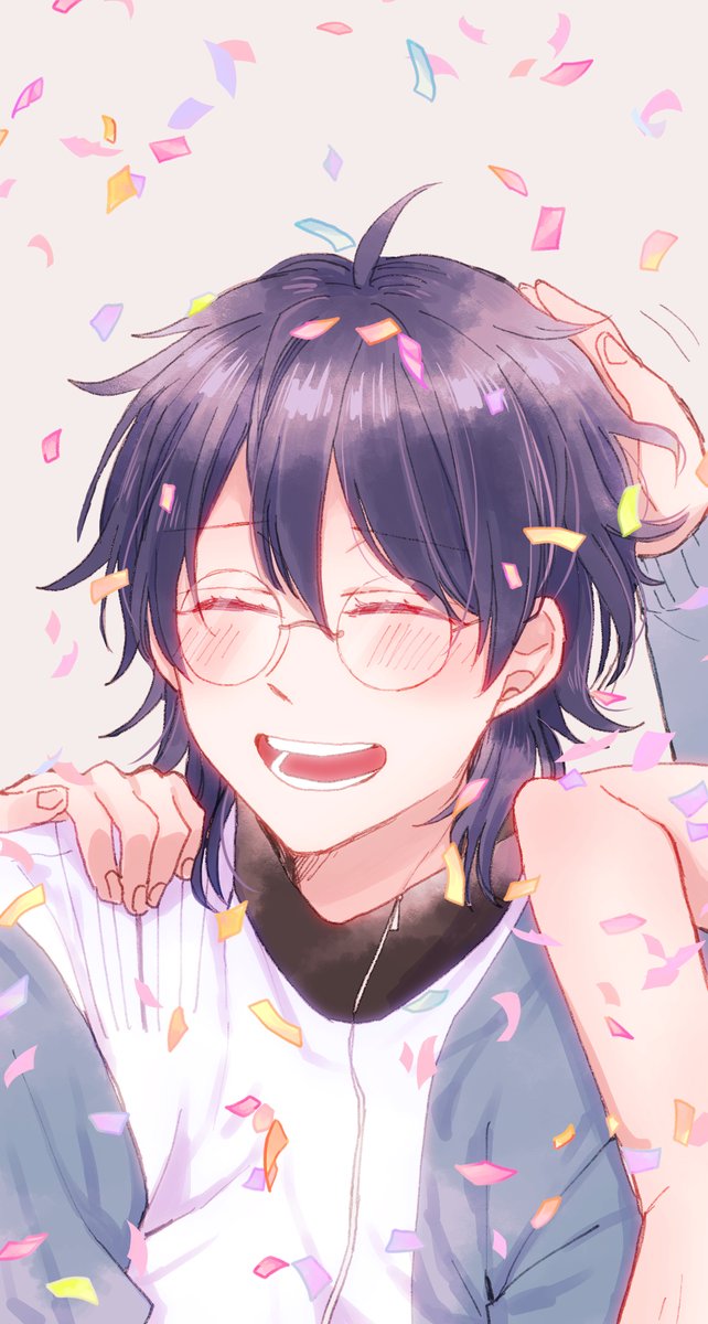 glasses confetti closed eyes male focus 1boy smile open mouth  illustration images