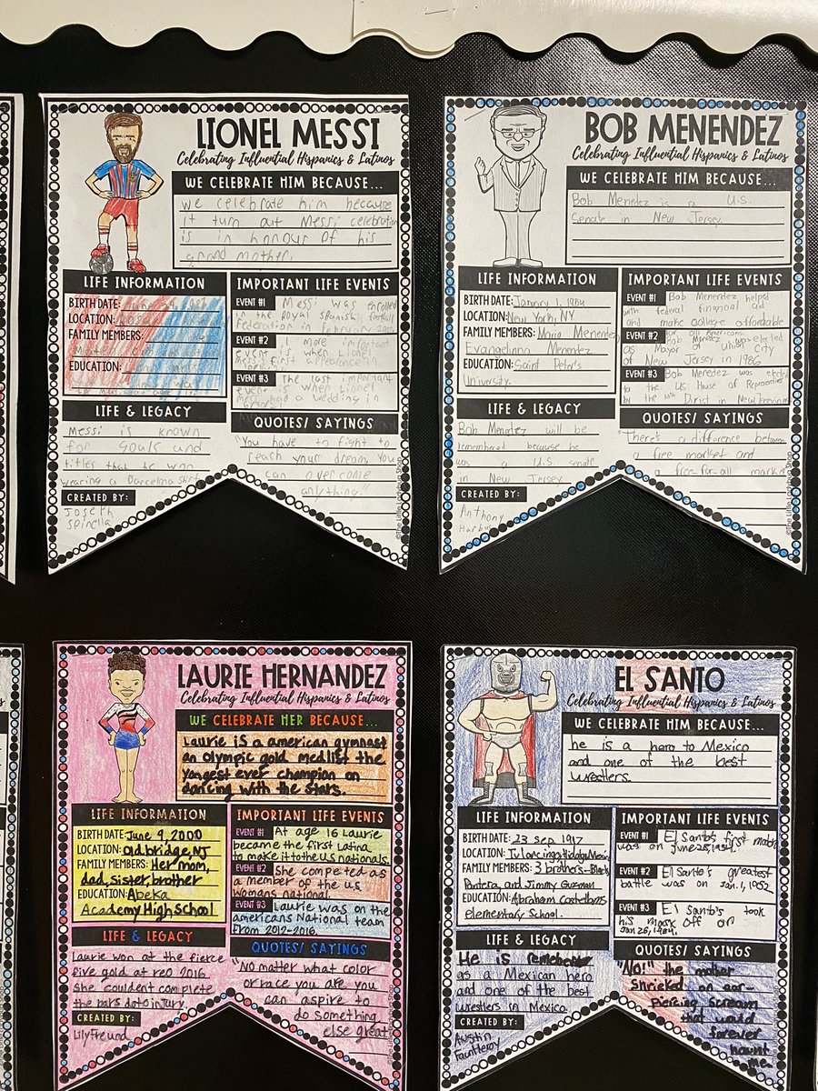 _Sara_Bender's tweet photo. To celebrate Hispanic Heritage Month, 5C researched influential Hispanic leaders. Students loved creating these beautiful banners and teaching their classmates what they learned! #northbabylon #5thgrade #lovetoteach https://t.co/guZnYN7UoX