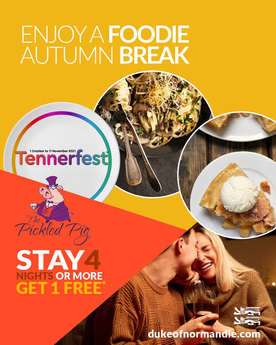 Calling all foodies…

Enjoy an Autumn break at our hotel for 4 or more nights and get 1 night for free, and why not book a table at our <a href="/PickledPigGsy/">The Pickled Pig</a> restaurant and take advantage of our special <a href="/tennerfest/">Tennerfest</a> menu!

To book or to view our menus, visit dukeofnormandie.com now.