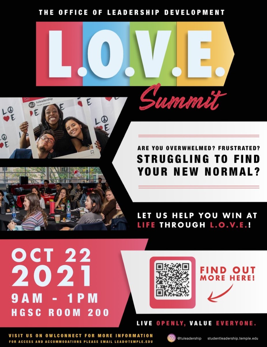 TULeadership's tweet photo. Join us at our 2nd annual L.O.V.E Conference!
Check out our various events to learn how to lead with authenticity, enhance your self-awareness, navigate challenge & change, and manage stress and anxiety.
#tulove2021 #TempleOLD #TULeadership #LeadTU #LOVESummit https://t.co/8SQuXyP99f