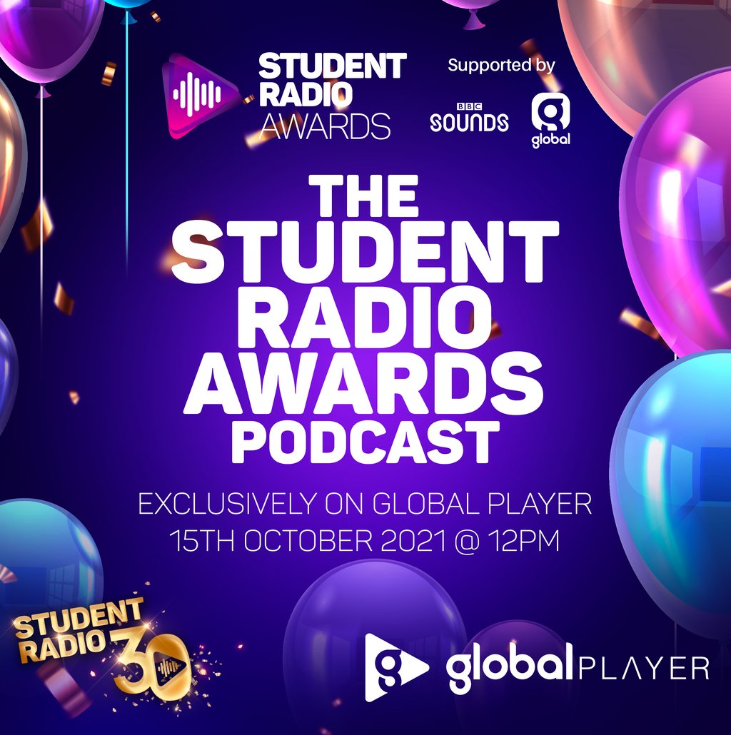SRA's tweet photo. 🎉 Just when you thought it couldn't get any better, IT DOES! 🎉
Nominations for The Student Radio Awards 2021, supported by @BBCSounds and @Global  will be announced EXCLUSIVELY on @GlobalPlayer 🏆
Tomorrow, 15th of October 2021 at 12pm ⏰
Good Luck to everyone who entered 🤞 https://t.co/Ow05du2K9G