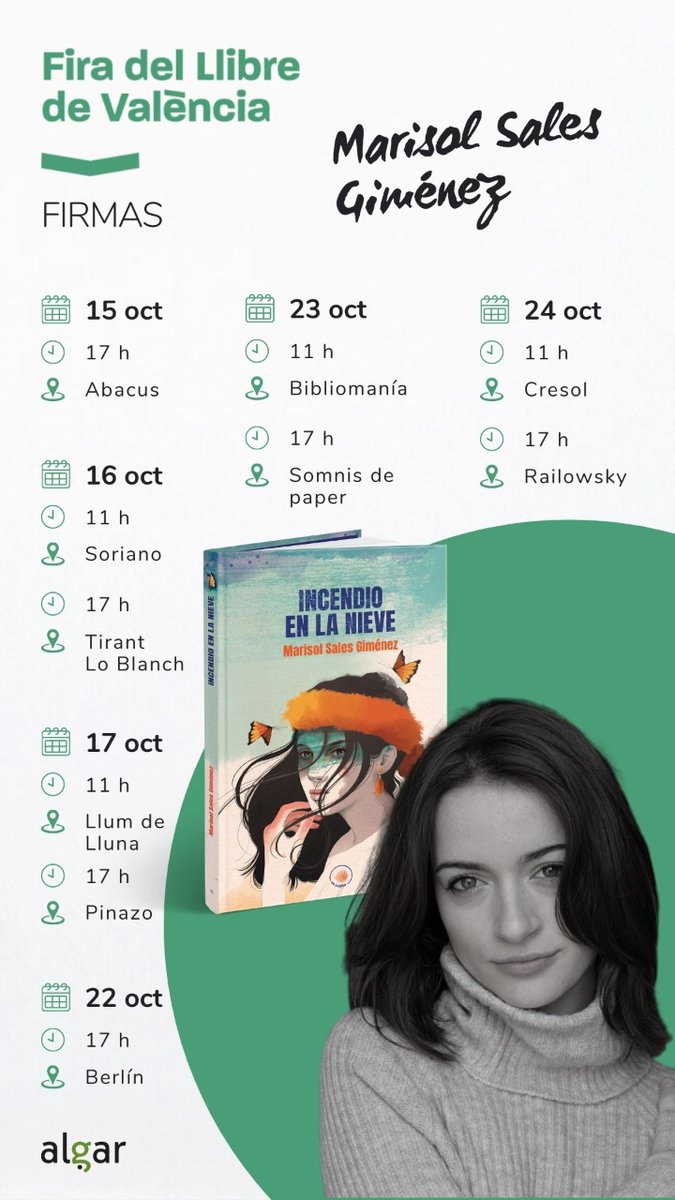 🥳👩✒️¿Estás por Valencia? ¿Te gustan las #lecturasjuveniles de amor y fantasía? ¡Entonces pásate por la <a href="/firallibrevlc/">Fira del Llibre de València</a> y llévate 📗#IncendioEnLaNieve📗 firmado por <a href="/Marisol_Sales/">Marisol Sales Giménez</a>! ¡Toma nota de todas las sesiones! mtr.cool/syjfoahwkm 📚💚

#FiraLlibreVLC #56FiraLlibre