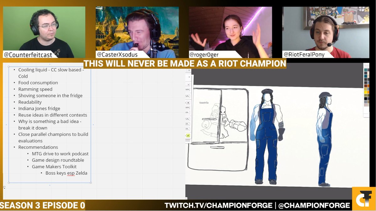 ChampionForge's tweet photo. Thank you so much @RiotFeralPony for your time and incredible insights and to @roger0ger for your awesome live-drawn art.  VOD: https://t.co/0lxAsMz2fj

We will return on Monday 18th October for S3 Episode 1  at 1900 CEST live @ https://t.co/MwC2C6a0YG to finalise this champion! https://t.co/5Qb0uwg4Vh