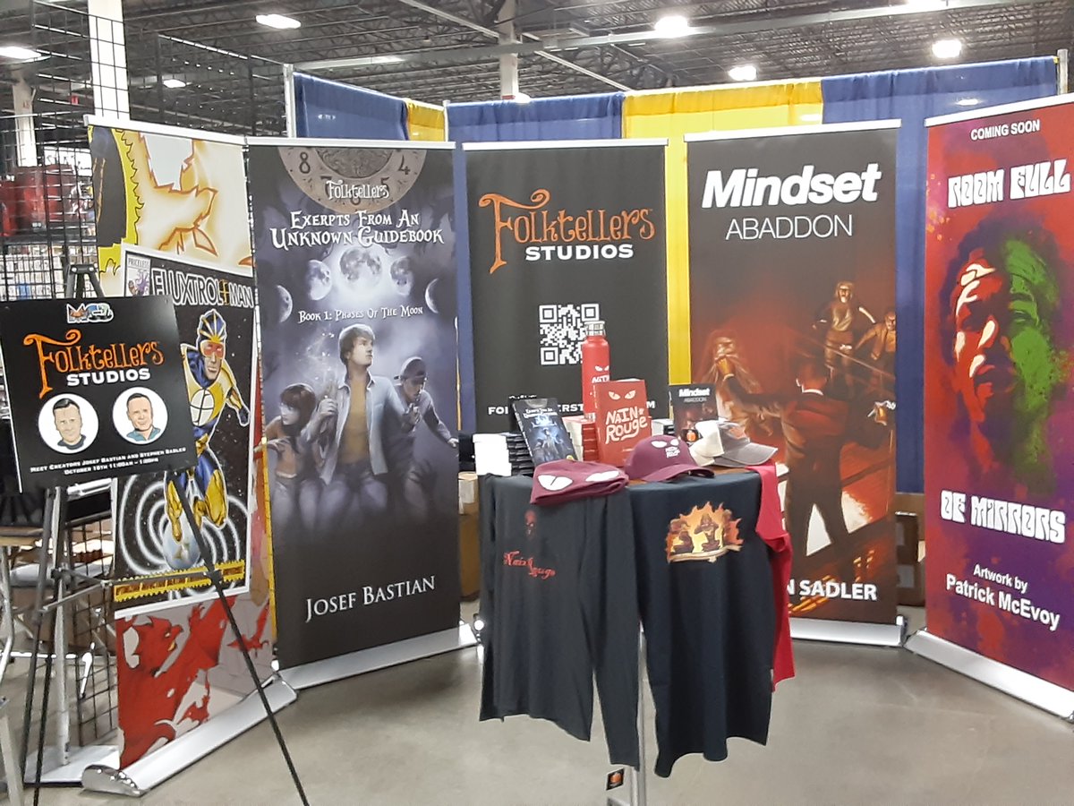 Folktellers's tweet photo. Lots of hard work today, but we are ready for everyone tomorrow at the Motor City ComicCon - The table is set! https://t.co/vaZ1xdVs3O