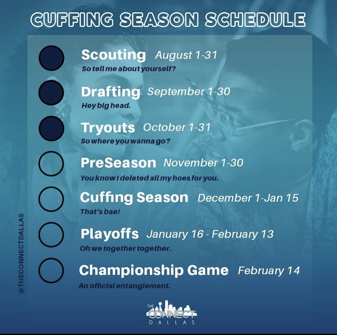 theconnectdtx's tweet image. Tis the season, so what y’all got going on. #ConnectCutie or nah? 

Respond with your name, hometown, and Zodiac sign♎️ for an opportunity to mingle in person and online this #CuffingSeason.

#dallasdating #DTX #dtxdating #tryouts #dateDallas #CONNECT