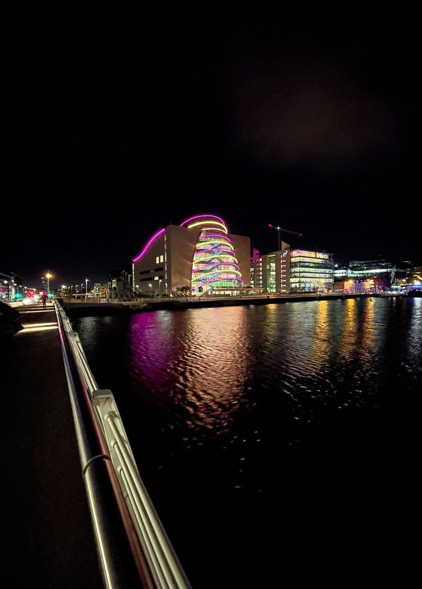 niamh_rowland's tweet photo. What a way to kick start DLD Awareness Day in Ireland with the National Convention Centre @TheCCD lighting up in Purple and Yellow 💜💫💜⭐️ An exciting day ahead tomorrow!! #ThinkLanguage #ThinkDLD @iaslt @RADLDcam https://t.co/B6VoYMIpHX