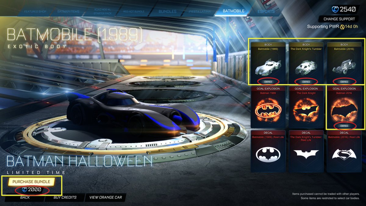 RadioBrandoRL's tweet photo. @PsyonixStudios @EpicGames @RocketLeague @DCBatman 
Something is definitely wrong here... Each item by itself = 2400c; Bundled items = 2000c... For those who already own the "legacy" items, completing the set w/ new items = 1900c. Sooo...  No discount love for the OG purchasers? https://t.co/VDTSdS7bXw