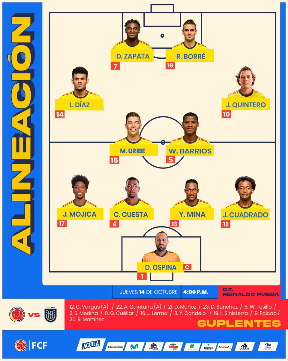 🚨 ¡TITULAR!

Esta es nuestra formación para enfrentar a <a href="/LaTri/">La Tri 🇪🇨</a> 

#VamosColombia 🇨🇴